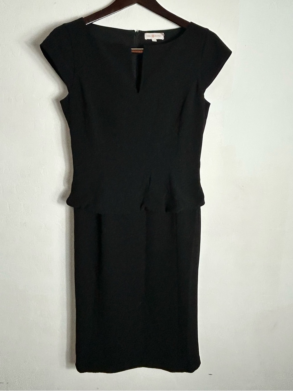 Tory Burch Black Cap-Sleeve Midi Dress with Subtle Peplum